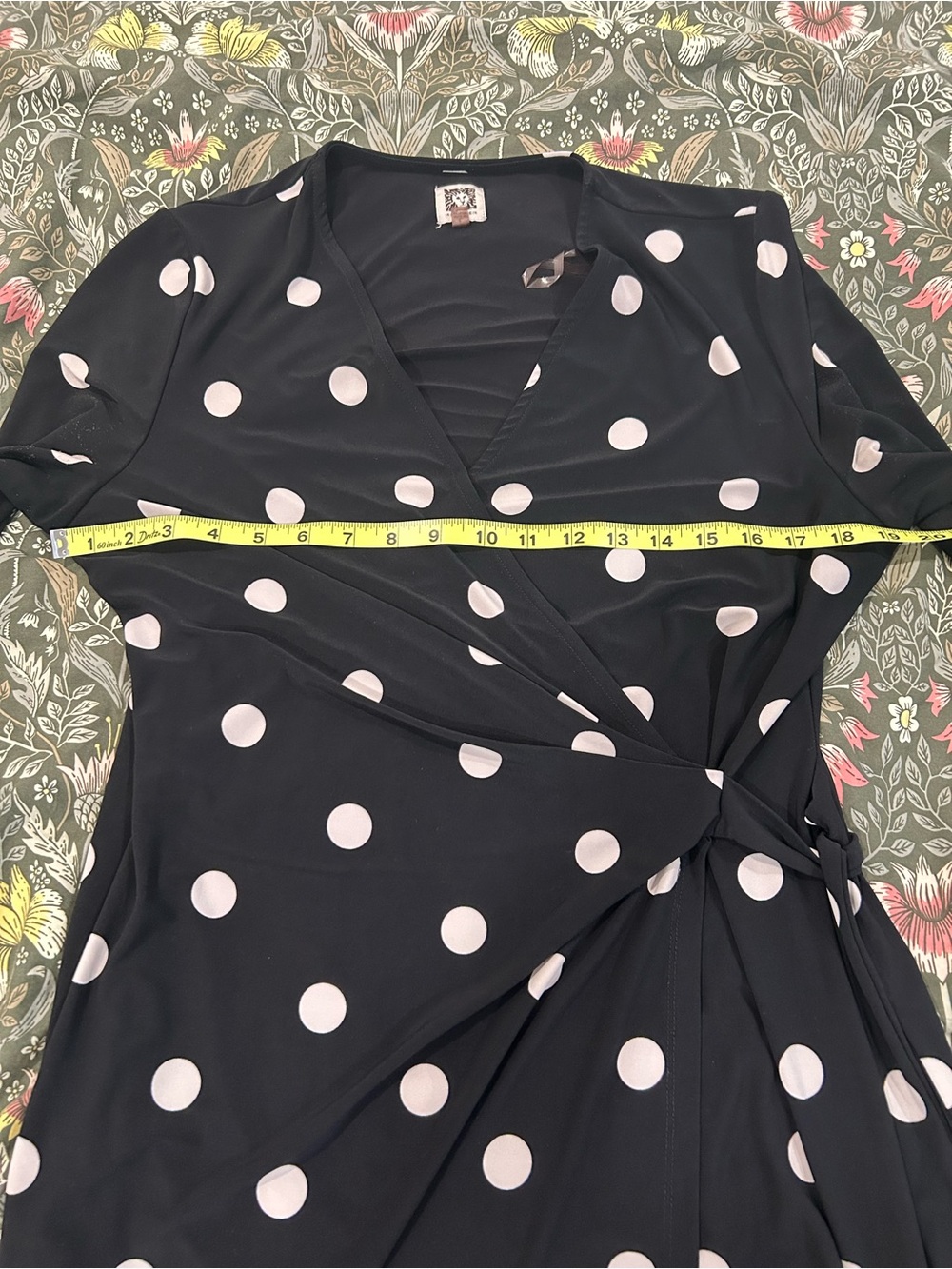 Anne Klein Black Wrap Midi Dress with Pink Polka Dots - Picture 3 of 7